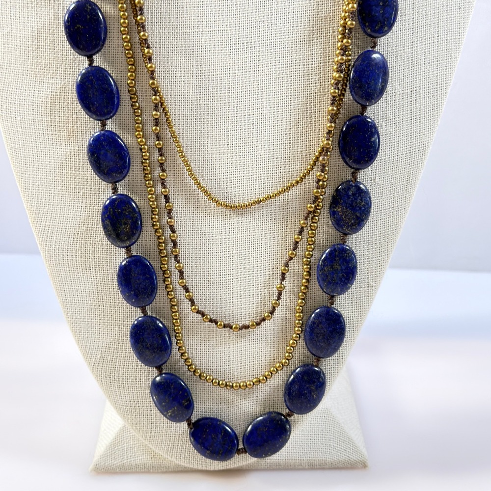 Artisan Lapis Lazuli Necklace Multi Strand Boho Bronze Tone 38" Handmade Heavy